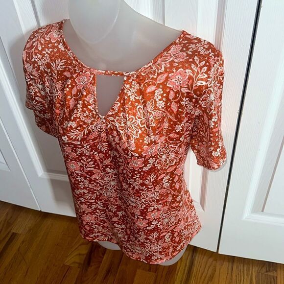 Wrapper Paisley Floral Orange Silky Keyhole Top Blouse Shirt Top medium m - Picture 2 of 7